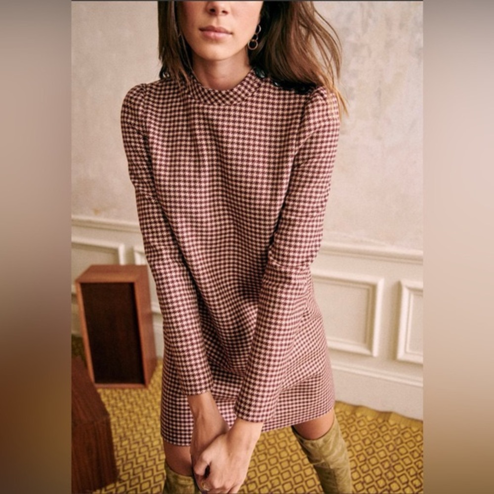 Sezane Ezra Houndstooth burgundy shift dress size 4 NWT sold out